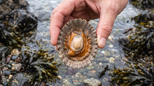 Person Holding Opened Limpet Shell with Barnacles Outdoors