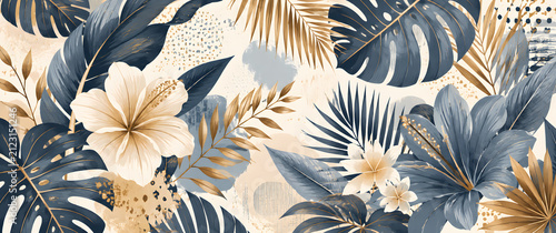 Tropical floral pattern with monstera leaves and hibiscus flowers