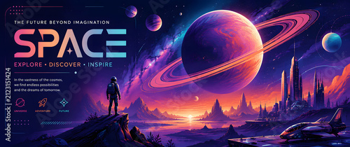 Astronaut gazes at alien planet and futuristic city