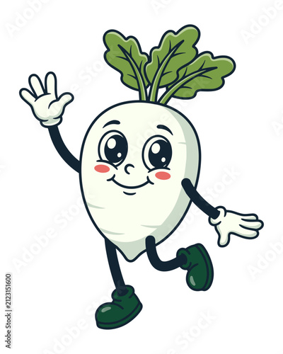 Happy Cartoon Radish Character Waving and Walking