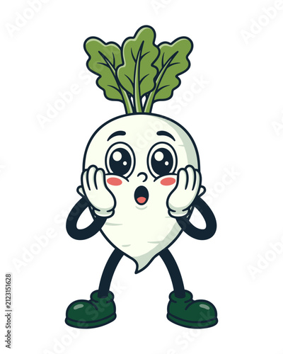 Cute Surprised Daikon Radish Cartoon Mascot Illustration