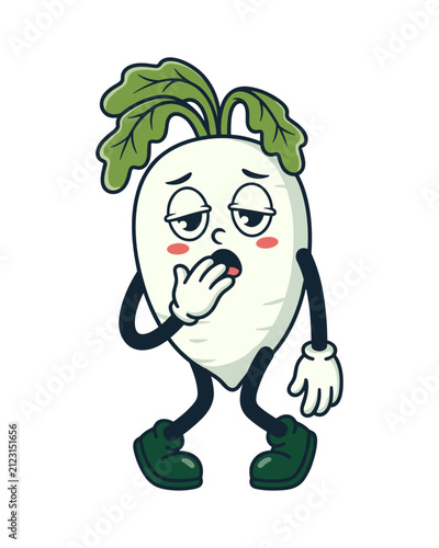 Tired Daikon Radish Cartoon Character Yawning