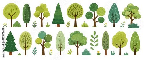 collection of stylized green trees and plants