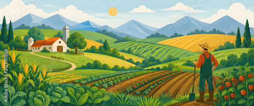 Farmer standing in lush green farm landscape with mountains
