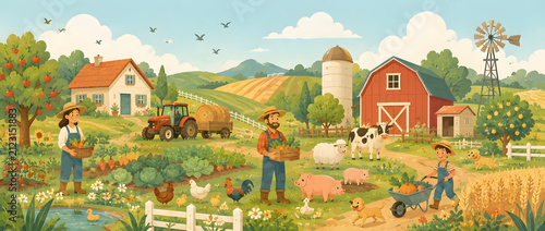 Farm scene with family and animals harvesting produce
