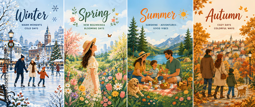 Four seasons collage family lifestyle scenes