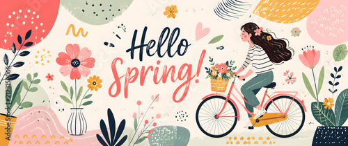 Hello Spring greeting with woman riding bicycle