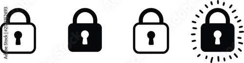 Padlock lock and unlock icon collection with security symbols, outline and filled styles, authentication, password privacy, access control, cybersecurity, and interface graphics, vector, designs
