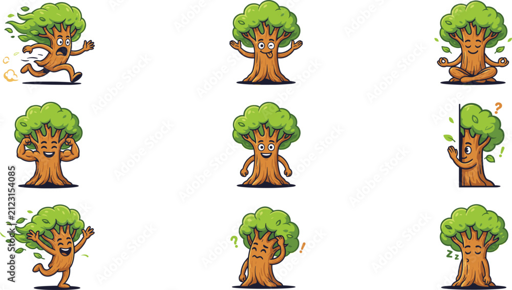 Fototapeta premium Cute Cartoon Tree Character Expression and Activity Set Featuring Running, Meditating, Strong, Peeking, Confused, and Sleeping Nature Mascot Vectors for Environment Designs