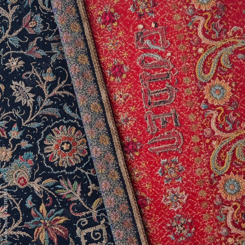 Vibrant traditional embroidered rug with detailed border patterns deep navy gold hues