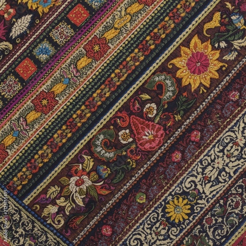 Vibrant floral embroidery textile with rich traditional patterns