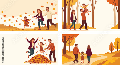 Happy Family Autumn Outdoor Activities Banner Set with Parents and Daughter Playing in Falling Leaves and Walking in Nature Park Landscape