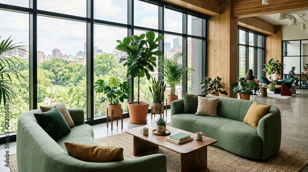 Fototapeta premium Modern green office lounge with curved sage-green sofas, wooden coffee table, potted indoor plants, floor-to-ceiling windows overlooking city skyline and lush greenery in workspace