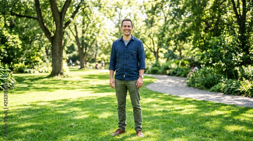 Fototapeta premium Smiling man in casual attire standing on lush green grass in a sunlit park with tall trees and dappled sunlight, relaxed lifestyle portrait during summer day