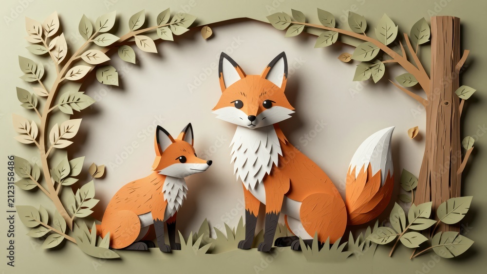 Fototapeta premium Cute Woodland Fox Paper Craft Decorations