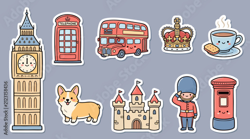 Cute British cultural icons collection featuring travel landmarks and royal symbols