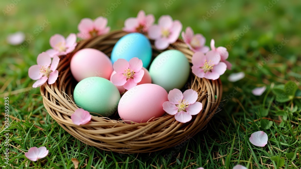 Fototapeta premium Colorful Easter Eggs in a Wicker Basket with Pink Cherry Blossom Flowers on Green Grass