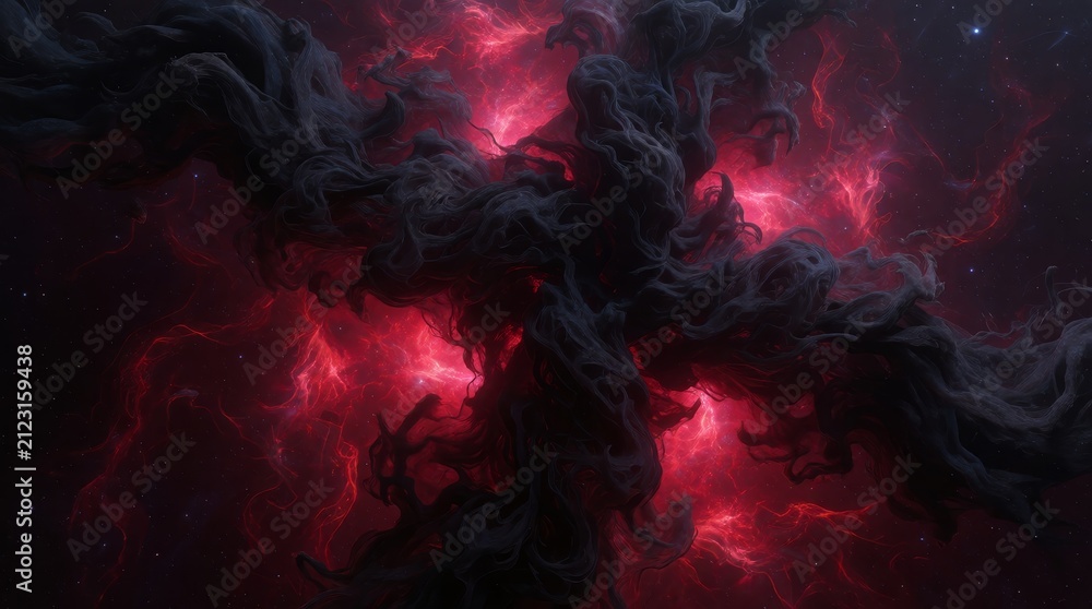 Fototapeta premium Cosmic dark matter nebula swirling in vibrant crimson with cosmic scene