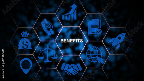 Photography Benefits concept displayed with glowing blue hexagonal network on a dark backgro