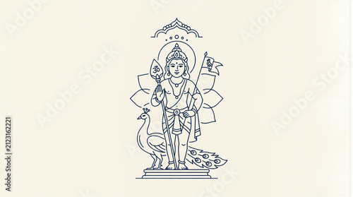 Detailed line art illustration of Lord Murugan with peacock, a Hindu deity, in traditional spiritual style.