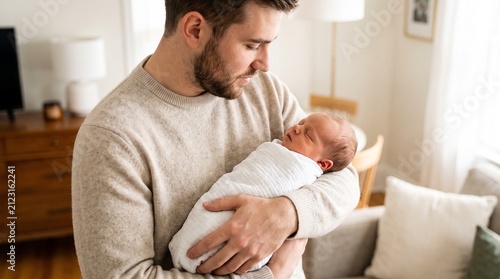 A father tenderly holding his newborn baby, both looking peaceful and content. The father gazes down at his child with a warm expression, creating a heartwarming scene of love and connection