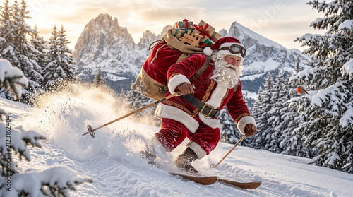 Santa Claus skiing down a pristine mountain trail during golden hour.