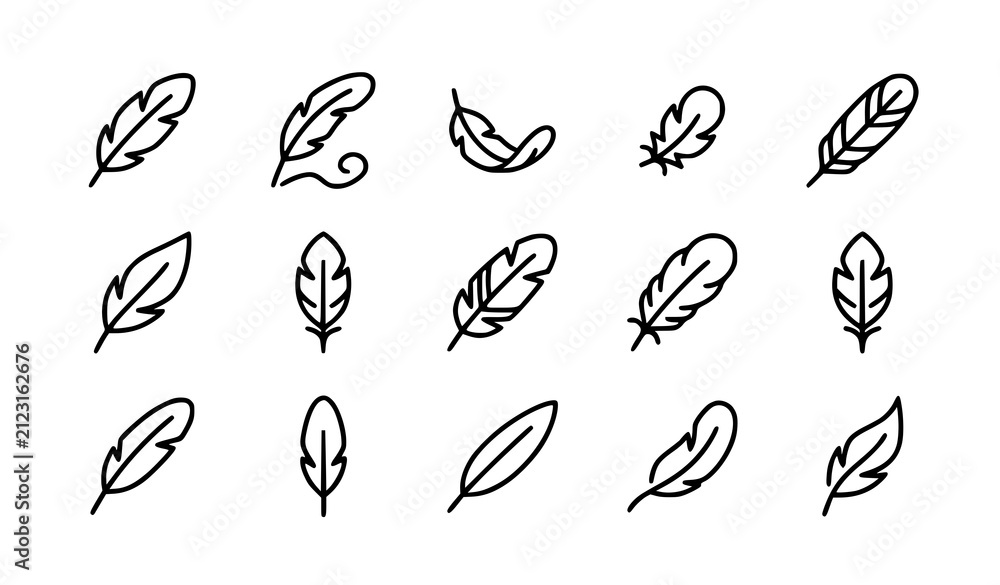 Fototapeta premium Feather Line Icon Set, Bird Quill Outline Vector Symbols Collection for Writing, Nature, and Decoration Design