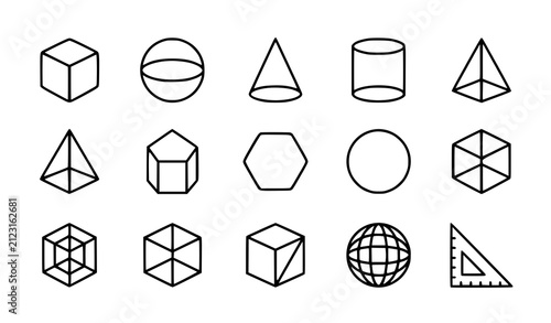 3D Geometric Shapes Line Icon Set, Orange Outline Vector Symbols for Mathematics, Design, and Education Tools