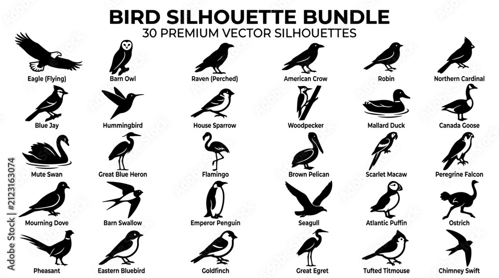 Obraz premium Bird Silhouette Bundle. 30 Premium Vector Silhouettes. Black Bird Icons Collection, Nature Animal Art. Simple Outline Set, Wildlife Shapes