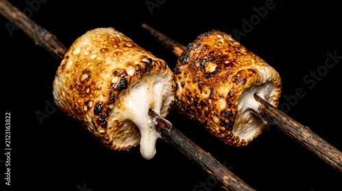 Two toasted marshmallows on wooden sticks against a black background