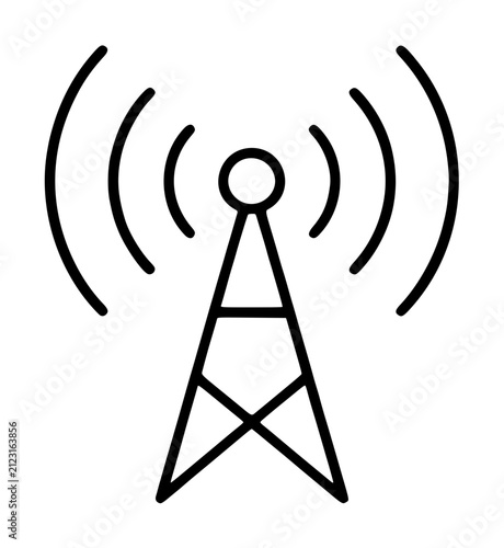 Hand-drawn black line vector icon of a wireless transmitter tower emitting curved radio signal waves on a crisp white background in minimalist sketch style