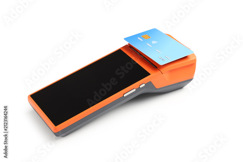 Photography Orange and gray pos terminal with a blue credit card inserted contactless paymen