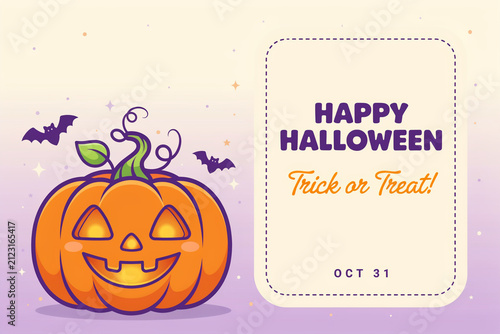 Happy Halloween greeting card with cute jack o lantern pumpkin, trick or treat message on purple background, spooky bats and stars illustration