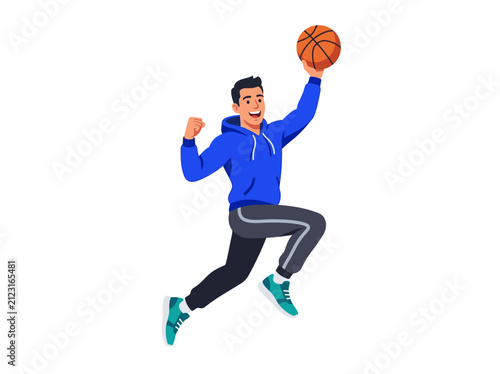 Young Man Jumping With Basketball Celebrates Victory