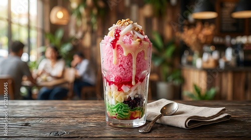 Refreshing pink smoothie with fresh strawberries on wooden table.