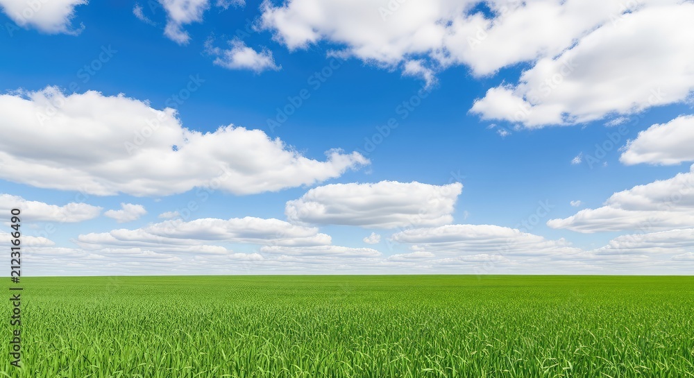 Obraz premium Vibrant green meadow stretches toward the horizon under a vast blue sky filled with white fluffy clouds on a bright sunny summer afternoon, plains, green, blue