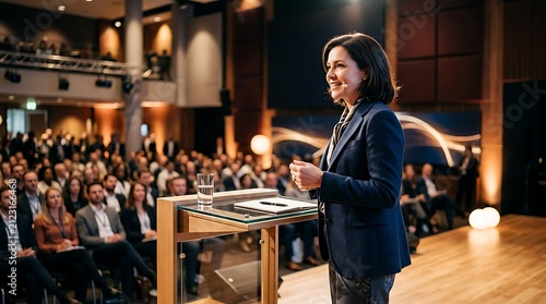 Business conference speaker addressing large audience indoors.