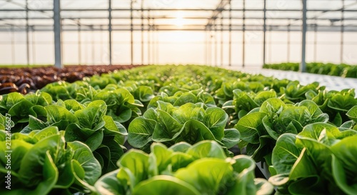 Vibrant rows of fresh green lettuce heads thrive in a modern greenhouse as the soft golden light of sunrise illuminates the organic leaves, soil, growth, glow