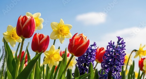 Vibrant spring flowers sway gently in a soft breeze against a bright blue sky. Petals dance under the warm sun in a peaceful garden meadow, vibrant, day, leaf