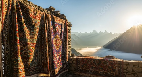 Vibrant textiles draped over ancient stone walls at sunrise overlook misty valleys and jagged mountain peaks during a remote wilderness trek, remote, textiles, journey