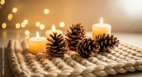 Warm candles glow softly beside natural pinecones on a thick knitted mat to create a festive holiday scene with magical bokeh light effects, twilight, indoor, evening