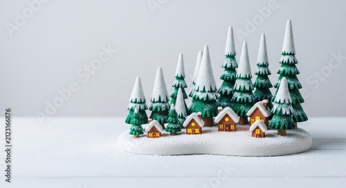 Whimsical winter scene featuring miniature wooden trees, sparkling felt snow, and tiny glowing cabins nestled in a magical fantasy forest, whimsical, miniature, fable