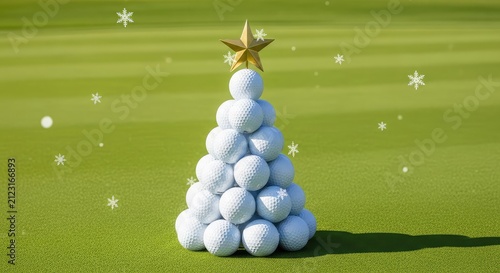 White golf balls organized in a festive tree shape on green grass with a golden star on top, surrounded by delicate white falling snowflakes, balls, pattern, advertisement