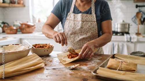A woman wearing an apron preparing food in a kitchen, likely making tamales
