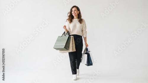 A woman walks happily with shopping bags in hand. She is dressed casually and smiles, carrying multiple bags full of purchases.