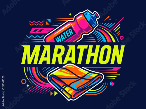 Vibrant Marathon Running Graphic With Water Bottle And Towel Illustration