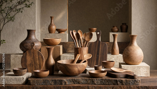 Foto Collection of handcrafted wooden kitchen utensils including bowls, vases, and cu