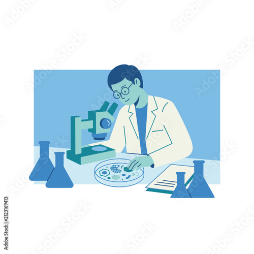 Scientist in lab coat examines petri dish with microscope, surrounded by beakers, flat design vector illustration