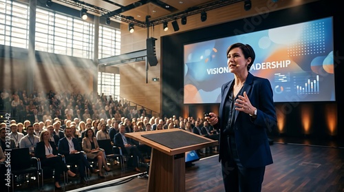 Business conference speaker addressing large audience indoors.
