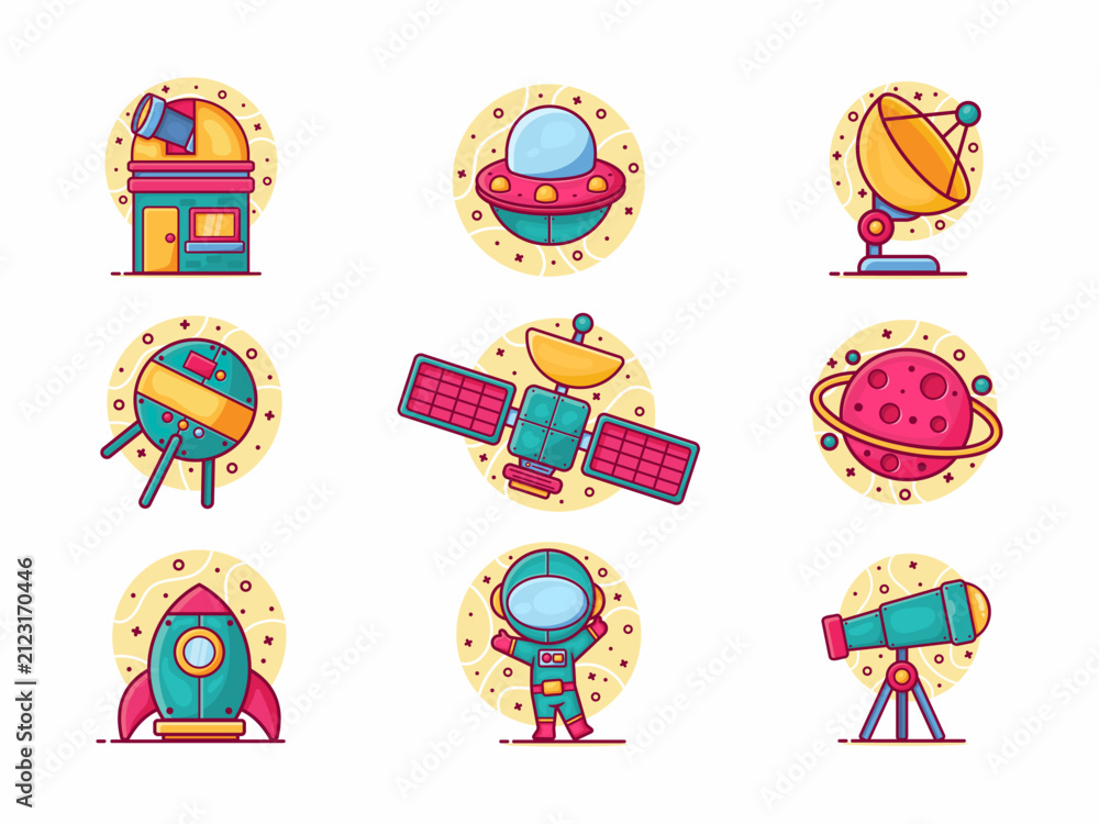 Naklejka premium Space Exploration Icons Set. Cute Cartoon Astronomy and Sci-Fi Illustration Collection